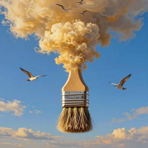 Photograph-like CGI: Paintbrush with bristles as base, smoke-like cloud emerging, birds flying, bright blue sky with scattered clouds.