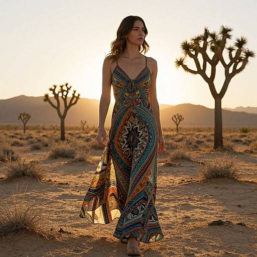 Photograph of a woman with wavy brown hair in a colorful, patterned sundress walking through a desert at sunset, with Joshua trees in the