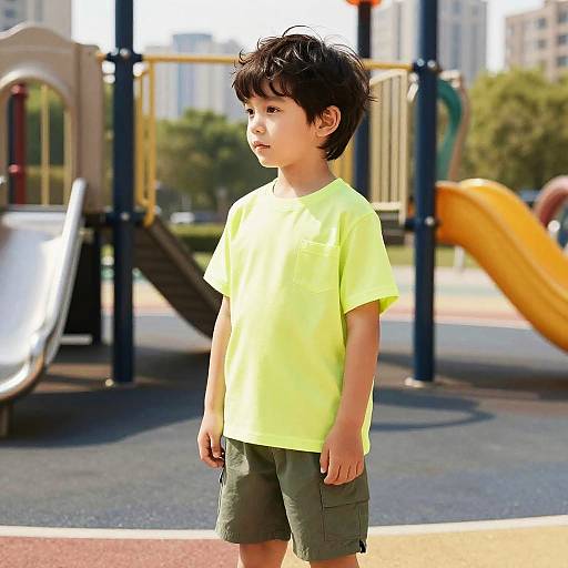 Boy with Side Part Hairstyle in City Park Playground