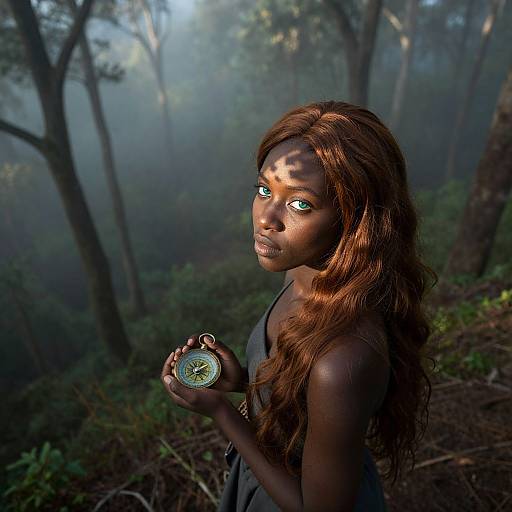 Photograph of a young, dark-skinned woman with long, wavy auburn hair, holding a compass in a misty, dense forest