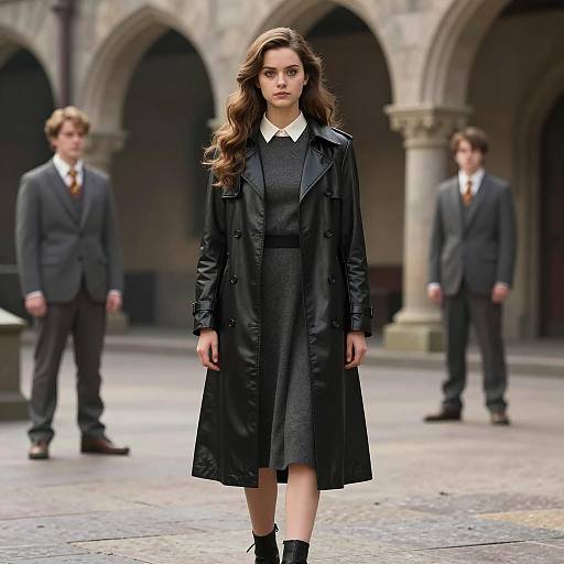Young Woman in Leather Trench Coat in Courtyard