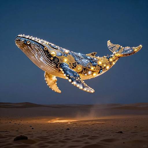 Photograph of a glowing, intricately decorated whale sculpture illuminated with lights against a dark blue evening sky and sandy shoreline.