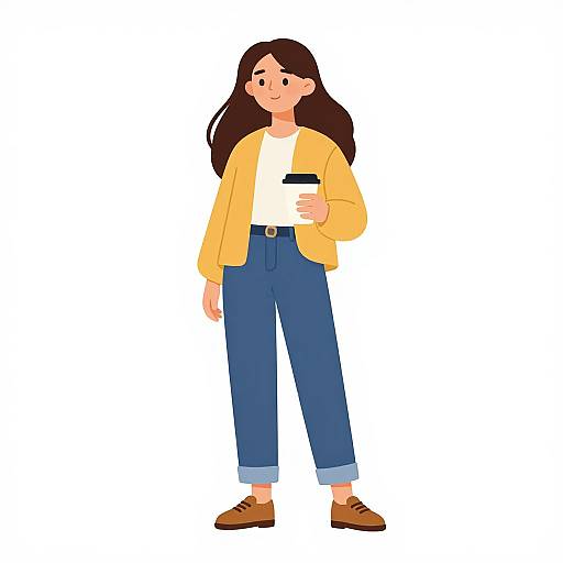 Digital illustration of a smiling woman with long brown hair, wearing a yellow cardigan, white top, blue pants, and brown shoes, holding a smartphone