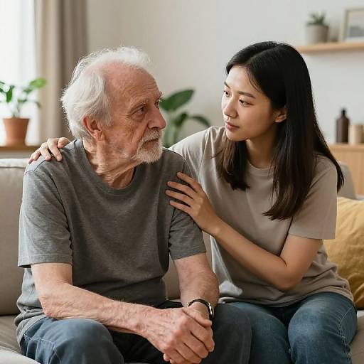 Photograph of an elderly white man with white hair and beard, wearing a gray t-shirt, sitting on a couch with a young Asian woman in a