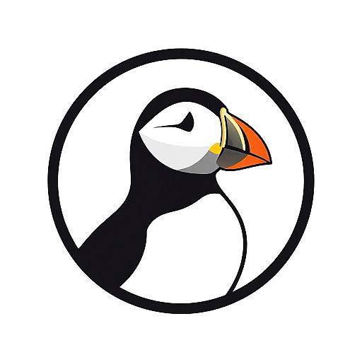 Digital drawing of a stylized black-and-white puffin with an orange beak, enclosed in a bold black circle on a white background.