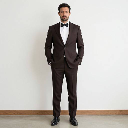 Photograph of a handsome, bearded man in a black tuxedo with a white shirt and black bow tie, standing against a plain white wall