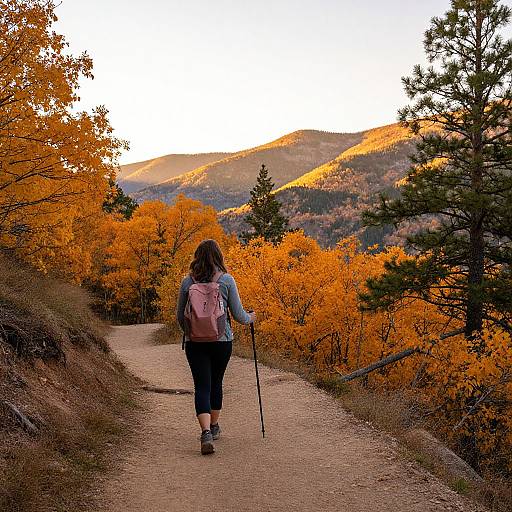 Photograph of a woman with a pink backpack, black pants, and blue jacket, walking on a dirt trail through vibrant autumn trees, using trekking