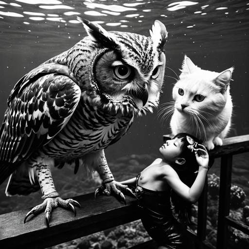 Surreal underwater scene with giant owl, cat, and humanoid figure