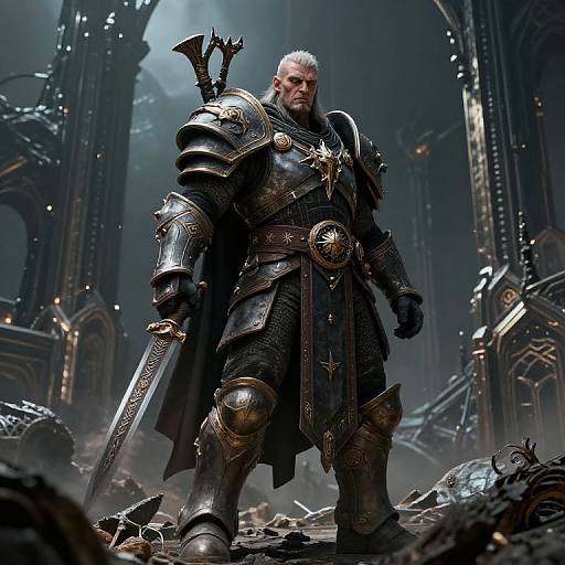 CGI image of a stern, silver-haired warrior in ornate, dark metallic armor standing in a ruined, gothic cathedral with broken stone and debris