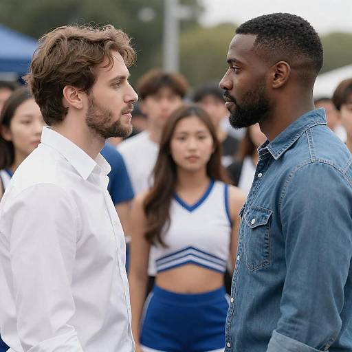 Two men facing each other in crowded outdoor setting