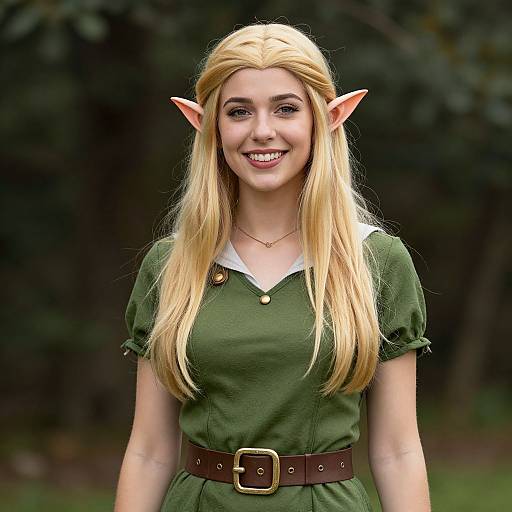 Photograph of a smiling young woman with long blonde hair, elf ears, green dress, brown belt, and forest background.