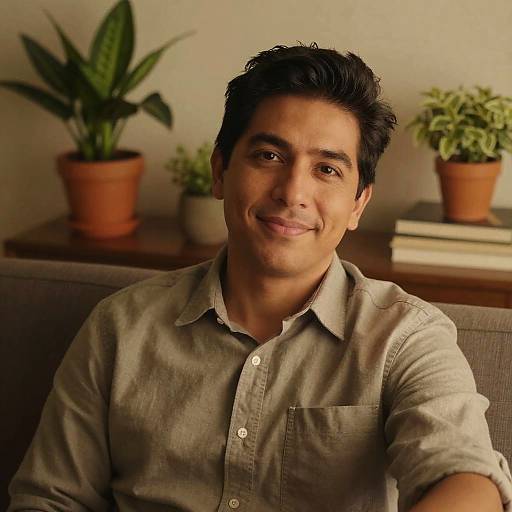 Hispanic man smiling in cozy indoor setting