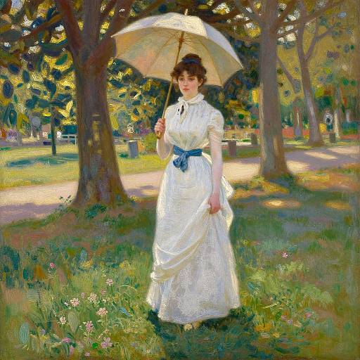 Impressionist painting of a woman in a white lace dress and blue ribbon, holding a yellow umbrella in a sunlit park.