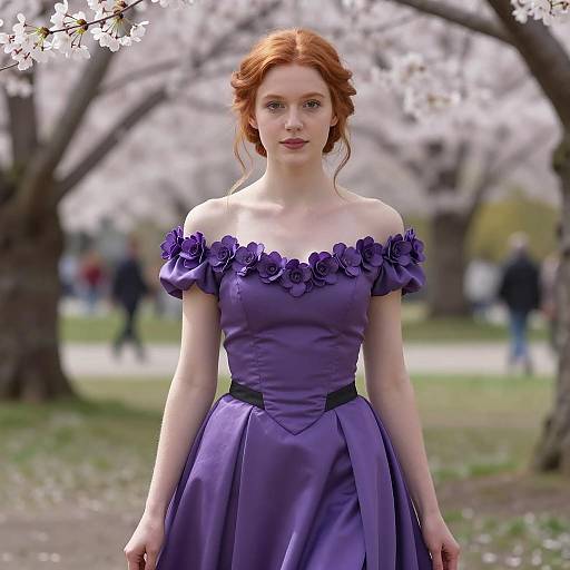 Young Woman in Purple Off-Shoulder Dress with Cherry Blossoms