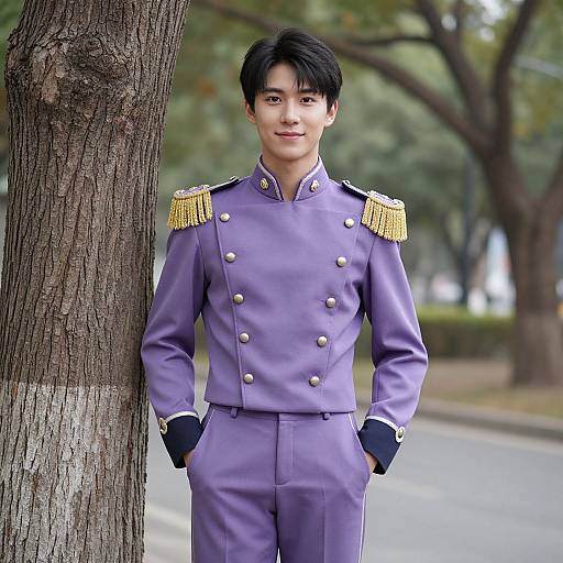 Photograph of an Asian man in a purple military-style uniform with gold epaulettes, standing by a tree, hands in pockets, outdoors with