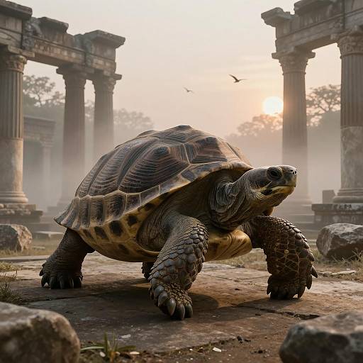 Giant Turtle in Ancient Ruins at Dawn