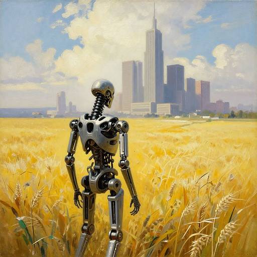 Digital artwork of a metallic robot in a golden wheat field, gazing at a modern city skyline under a bright blue sky.