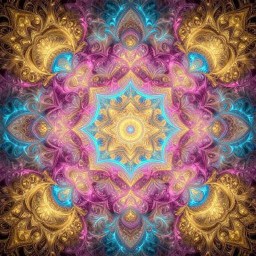 Vibrant digital fractal art with intricate, symmetrical patterns in neon blue, pink, and gold, set against a dark background.