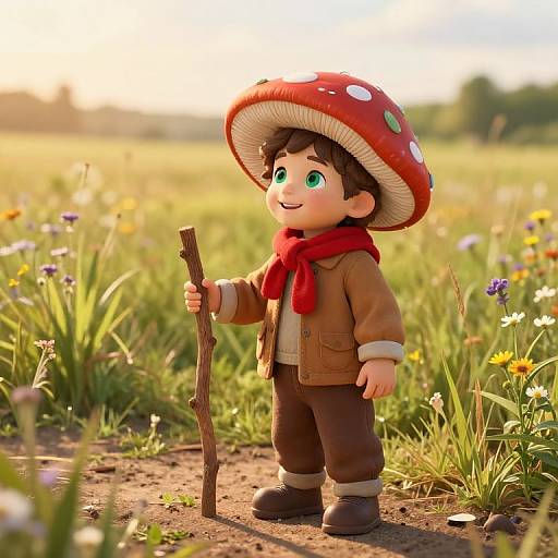 Cheerful Boy in Mushroom Hat