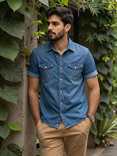 Relaxed Denim Shirt Garden Portrait