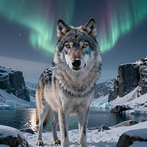 Silver Direwolf Portrait Under Aurora Borealis