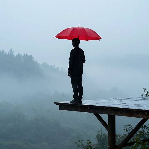 Silhouetted Figure Under Red Umbrella