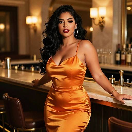 Photograph of a curvy, dark-haired woman with red lipstick, wearing a silky, orange, low-cut dress, leaning against a bar in a