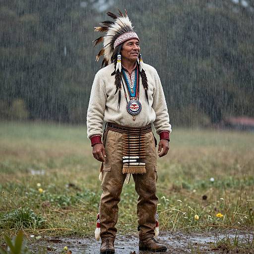 Photograph of a Native American man standing in the rain, wearing a white feathered headband, white sweater, brown pants, and traditional bead necklace