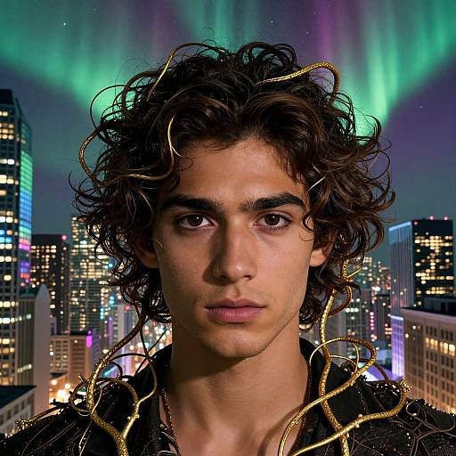 Photograph of a young man with curly dark hair, wearing a black shirt with gold chains, against a cityscape with vibrant green aurora borealis