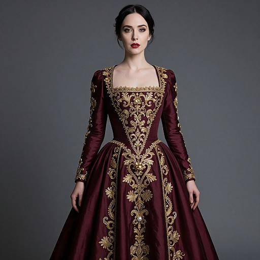 Photograph of a pale-skinned woman with dark hair, wearing a deep burgundy, long-sleeved Renaissance-style gown adorned with intricate gold embroidery