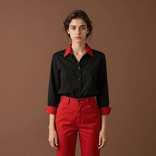 Woman in Red Trousers and Black Shirt