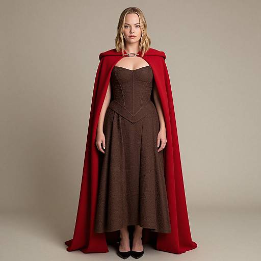 Photograph of a blonde woman in a black strapless dress, wearing a red velvet cape with a choker, standing against a plain gray background.