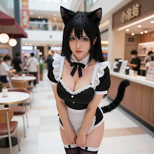 Curvy Cat-Eared Waitress in Mall