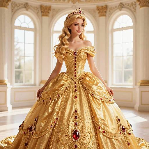 Photograph of a blonde princess with wavy hair, wearing an off-shoulder, golden, ornate ball gown adorned with red gemstones,