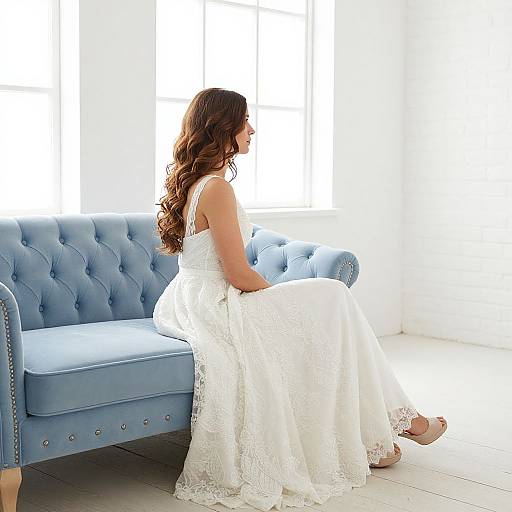 Photograph of a woman with wavy brown hair in a white lace wedding dress, sitting on a blue tufted sofa, facing bright windows.