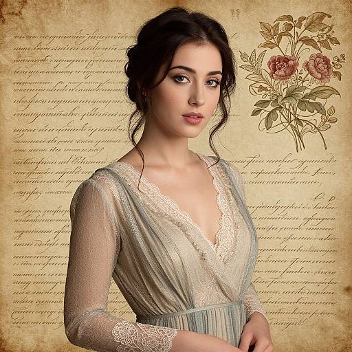 Photograph of a fair-skinned woman with dark hair in an updo, wearing a sheer lace V-neck dress against a vintage parchment background with c