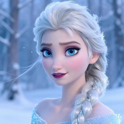 Digital CGI image of a beautiful, blue-eyed, white-haired Elsa from Frozen, with a braid, snowflake earrings, and a sparkling blue dress