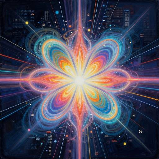 Digital artwork of a vibrant, glowing, symmetrical flower-like pattern with colorful, swirling light trails on a dark, tech-filled background.