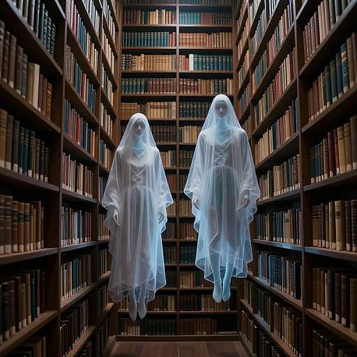 Photograph of two translucent ghostly figures in white cloaks, floating in a dimly lit, narrow library aisle with tall bookshelves.