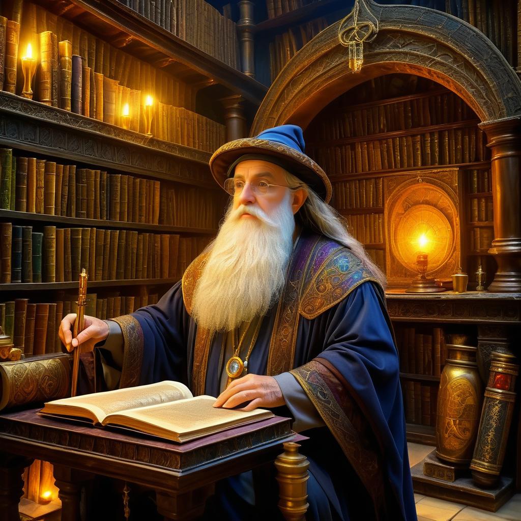 Mystical Old Wizard in Ancient Library