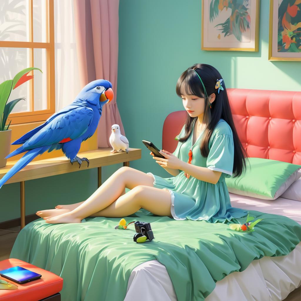 Anime Girl with Parrot on Bed