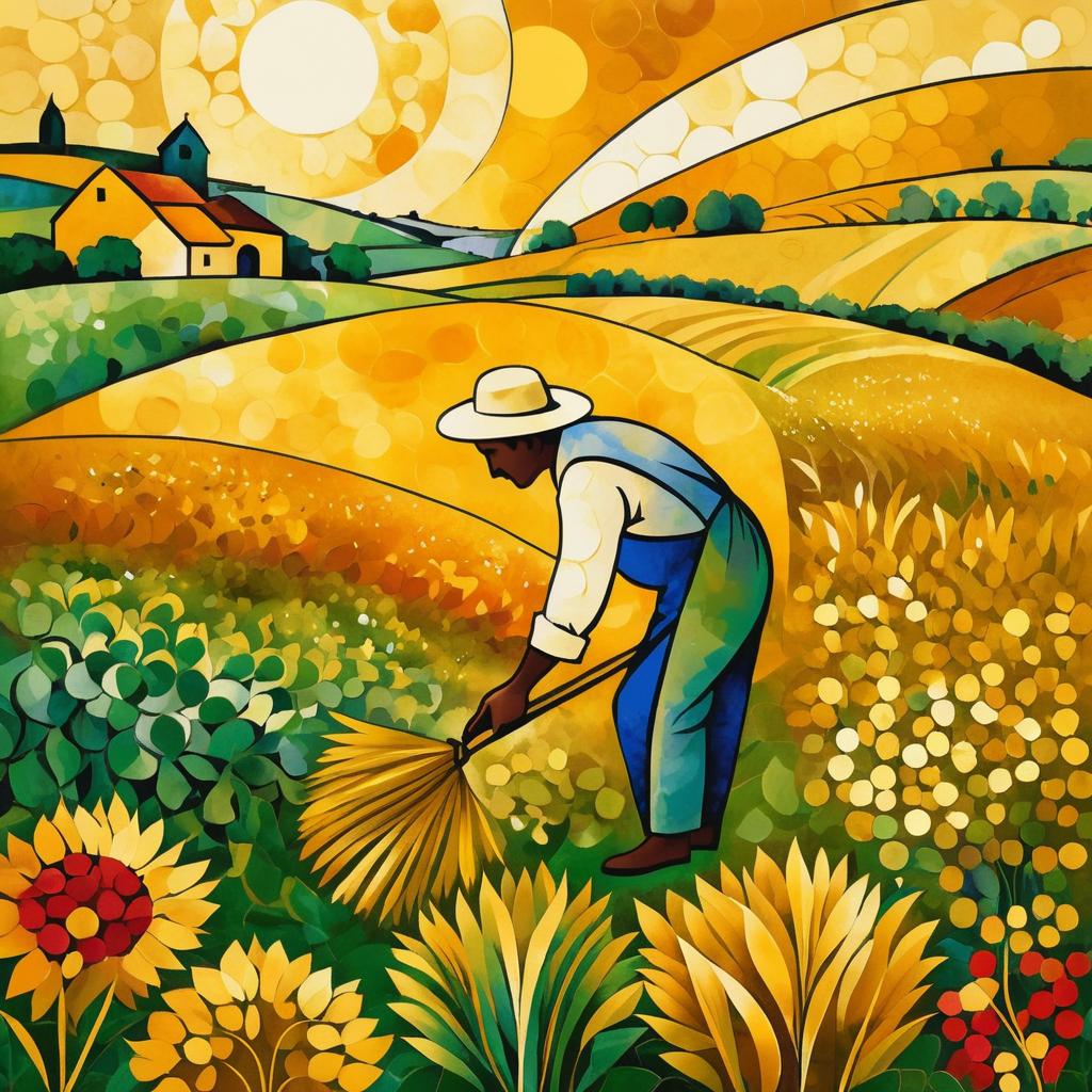 Chagall-Inspired Farmer with Golden Crops