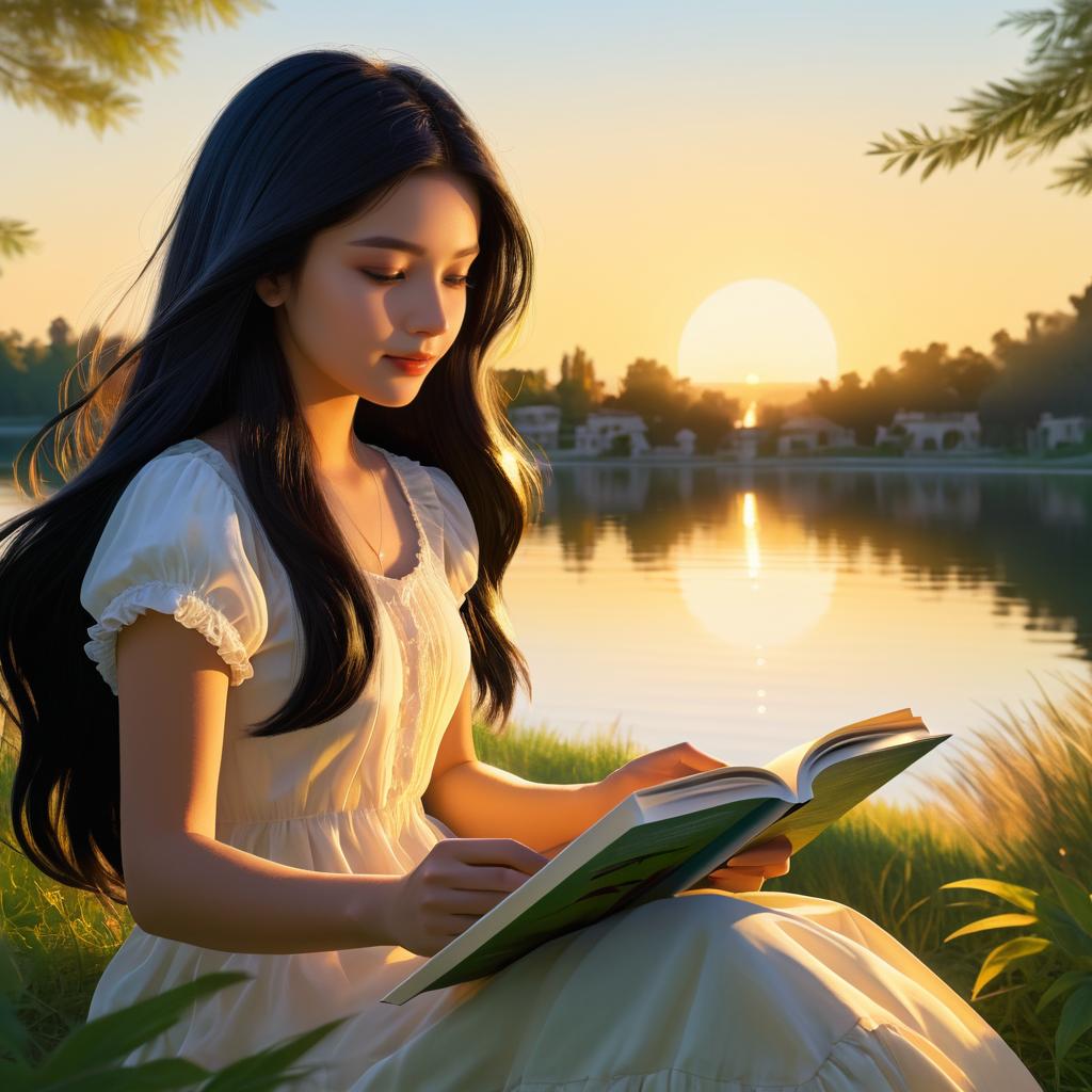 Joyful Reading by a Serene Lakeside