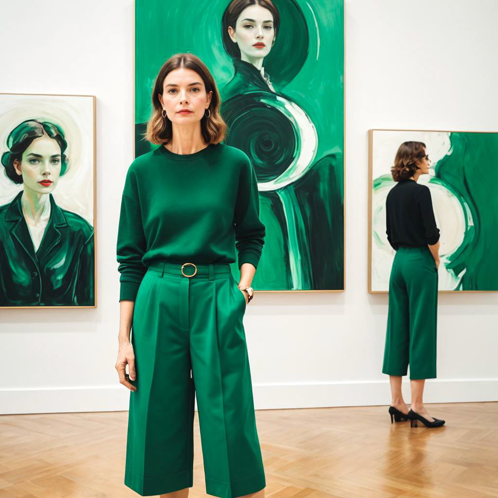 Artsy Woman in Emerald Culottes in Gallery