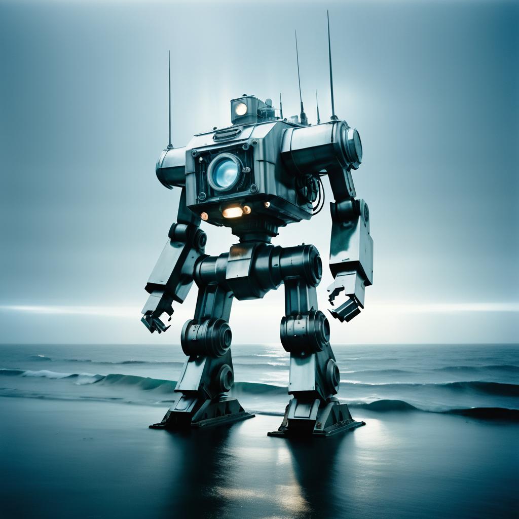 Cinematic Chrome Mech Battle on Ocean