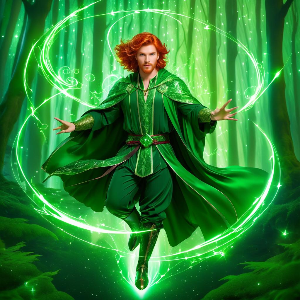 Charming Red-Haired Wizard in Flight