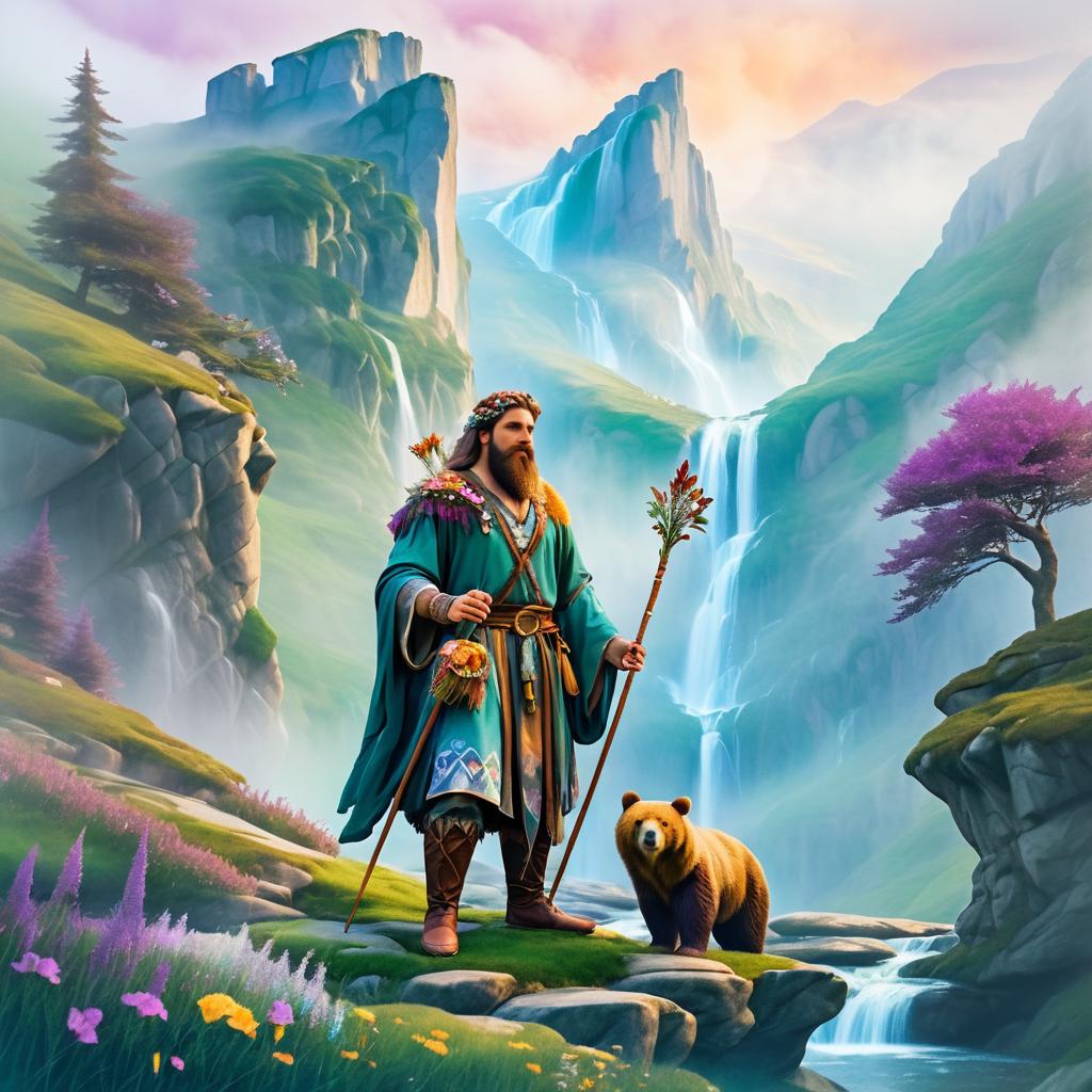 Mystical Druid in Romantic Mountain Landscape