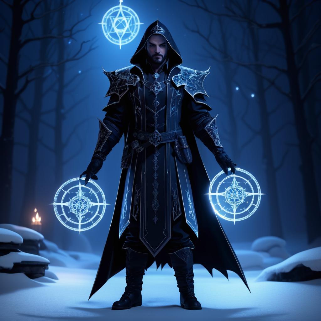 Mystical Warlock in Shadowy Snowy Night