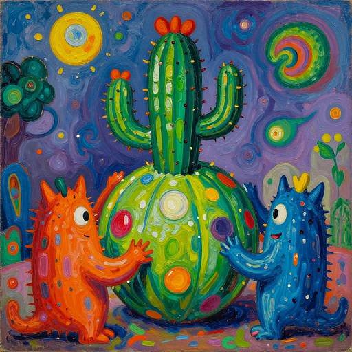 Vibrant, surreal painting of two colorful, spiky creatures touching a large, green cactus with yellow accents and a bright, swirling night sky