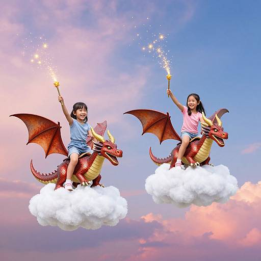 Children Riding Mythical Dragons in Sky